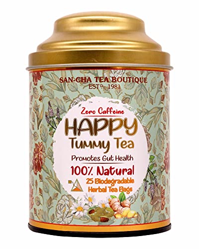 Image of Sancha Tea Boutique, Happy Tummy Tea, Caffeine Free Herbal Tisane, 25 Pyramid Bags, Digestive Drink, Tummy Detox
