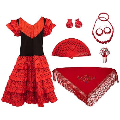 Gojoy shop - Disfraz de sevillana flamenco para niña, contiene: vestido, mantón y accesorios. (3 colores y 5 tallas diferentes.) (ROJO, 6)