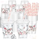 Teenyyou 50 Pcs 12 oz Disposable Plastic Cups with Straws, Lids and Leakproof Paper Clear Birthday Party Cups Supplies Birthday Table Decorations(Butterfly,Pink)