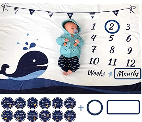 Baby Monthly Milestone Blanket With 12 Stickers, Large 60"X40" Infant Month Blankets Boy, Newborn Photography Background Mat Photo Prop, Nautical Whale Nursery Shower Gift, Growth Chart Tracker #TOP1