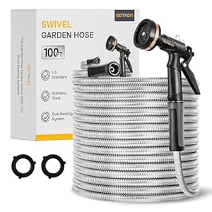Gotron Water Hose 100 ft, Heavy Duty Metal Garden Hose with 9 Function Spray Nozzle, Lightweight, Kink Free and Drinking Water Pipe for RV, Outdoor, Yard, 100ft x 5/8″, Female to Male