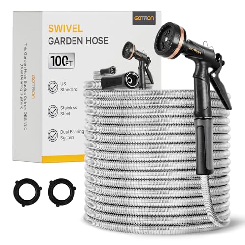 Gotron-Water-Hose-100-ft-Heavy-Duty-Metal-Garden-Hose-with-9-Function-Spray-Nozzle-Lightweight-Kink-Free-and-Drinking-Water-Pipe-for-RV-Outdoor-Yard-100ft-x-58-Female-to-Male
