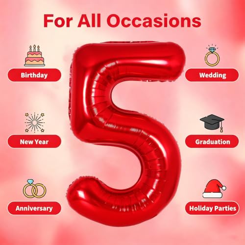Image of Number Balloons Red Party Balloon - 40 Inch Large Number 5 Balloon, Numbers Balloon Birthday Decorations, Red Party Supplies for Anniversary