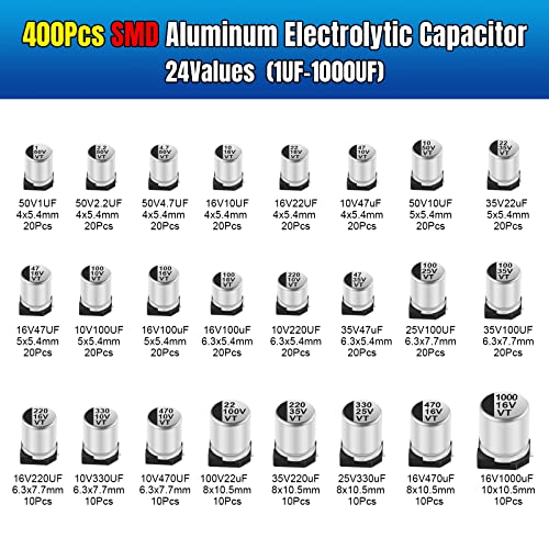 BEEYUIHF 400 Pcs 24 Values Electrolytic Capacitor Assortment Kit 1uF-1000uF SMD Aluminum Electrolytic Capacitors with Storage Box - Thumbnail 2