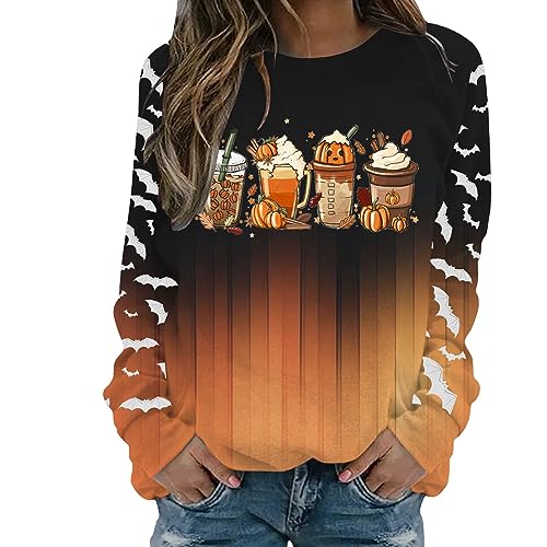 OverDose mujer Camicette e camicie da donna a maniche lunghe, stampa floreale primavera autunno elegante tinta unita camicia lunga felpa casual girocollo maglione, Orange-B, S