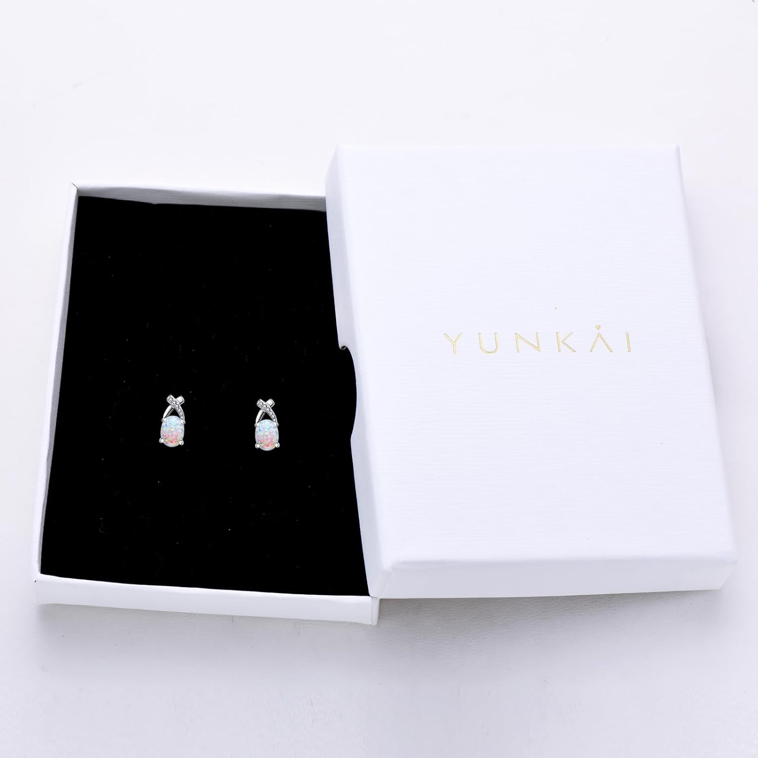 YUNKAI Sterling Silver Opal Stud Earrings for Women, Birthstone Stud Earrings, Oval/Round Shape Opal Earrings Hypoallergenic Jewelry Gift for Birthday Christmas