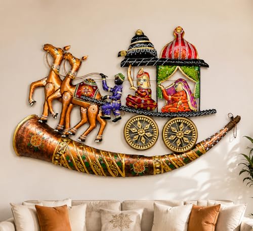 Image of iHandikart Traditional Rajasthani Metal Wall Art for Living Room | Handmade Royal Horse Cart Wall Sculpture with Musical Folk Design| Decorative Hanging Wall Decor for Home, Hall & Bedroom, 24*45 Inch