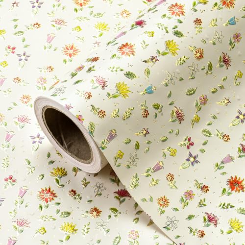 WRAPAHOLIC 3D Kraft Wildflower Wrapping Paper Roll - Mini Roll - 17 Inch x 16.5 Feet - Elegant Floral Wrapping Paper with Embossed Perfect for Wedding, Birthday, Bridal Shower, Tea Party