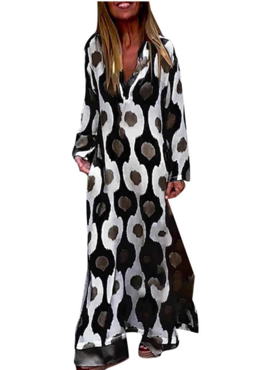 BIVENANT Boho Casual Loose Long Sleeve Maxi Dress for Womens Vintage Print Pleated Crewneck Flowy Baggy Long Dress