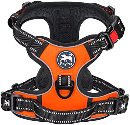 PoyPet Keine Pull Hundegeschirr Front Reflektierende Pet Weste für Hunde mit Einfache Kontrolle Griff und Rückseite perfekt für den täglichen Training, Walken, Running(Orange,M)