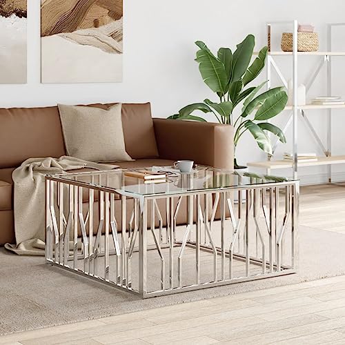Festnight Couchtisch Edelstahl und Glas Beistelltisch Glas Kaffeetisch Teetisch Beistelltische fürs Wohnzimmer Couchtisch Wohnzimmer Sofatisch Silbern 100x100x50 cm