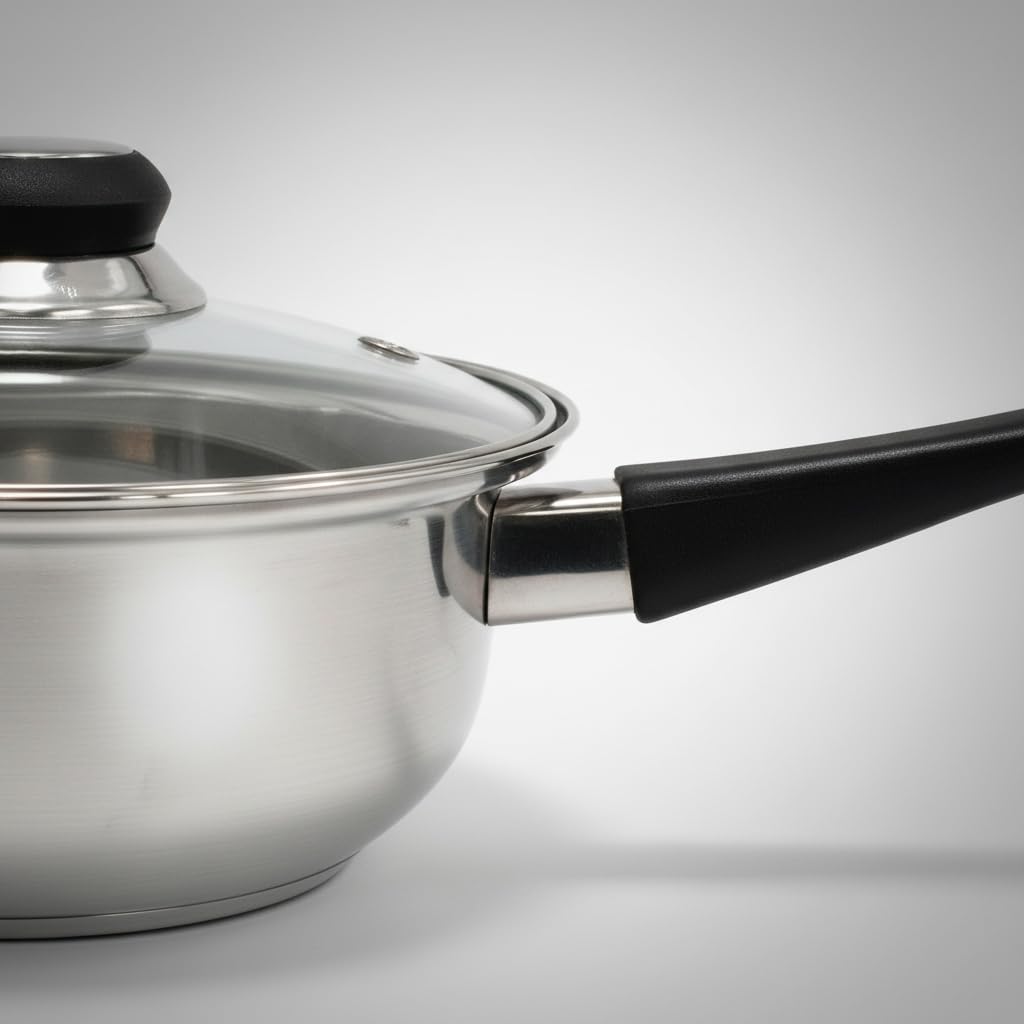 Quttin | Batería de Cocina de 12 Piezas de Acero Inoxidable Apta para Inducción, Gas y Vitrocerámica - Juego de 4 Ollas, 1 Cazo y 1 Sartén con Tapas de Cristal, Perfecta para Todas las Cocinas