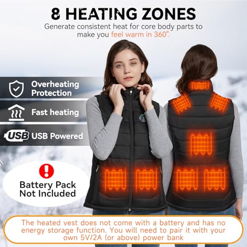 KOVNLO Womens Heated Vest, 5 in 1 Smart Controller, Lights-out Design, Electric Heated Jackets (Battery Pack Not Included)