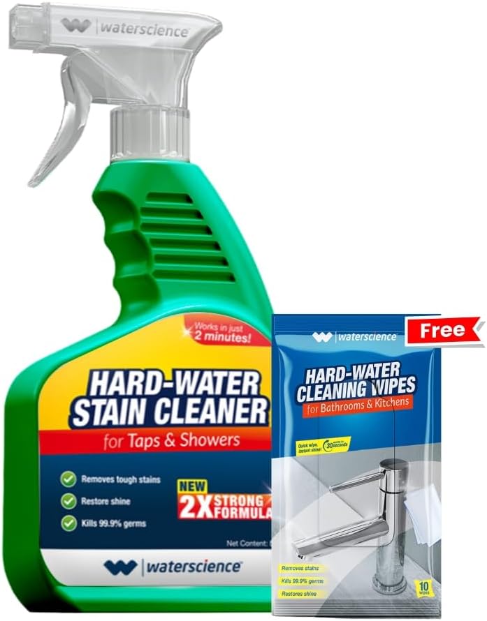 WaterScience Tap Cleaner and Limescale Remover + Free Wipes | Stain Cleaner for Kitchen & Bathroom| Hard Water Stain Remover Spray for Taps, Showers, Faucets, Washin Basin | 500 ml Value Pack