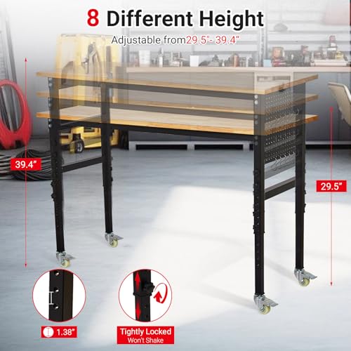 48" x 24" Workbench, MERXENG Heavy Duty Work Bench with Power Outlet, Scales, Pegboard, 6 Hooks, 2200 LBS Load Capacity, 8 Adjustment Height Work Table for Garage, Workshop, Office, Home, Wheels