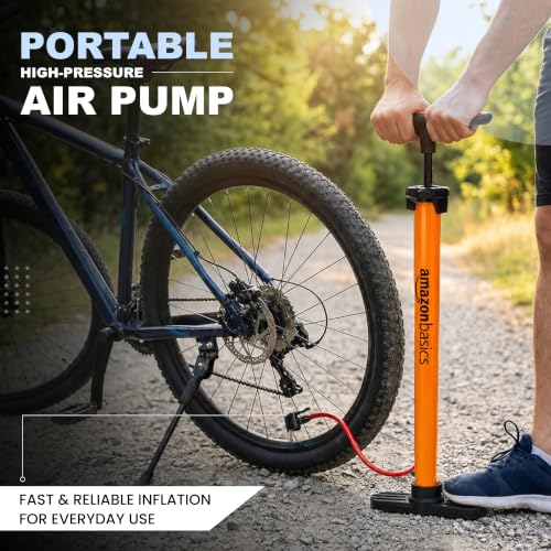 Image of Amazon Basics Portable High-Pressure Bicycle Air Pump | Includes Ball Needle & Air Nozzle | Ergonomic T-Handle | Hand Air Pump for Bicycles, Footballs, Sports Balls & Inflatables | Orange