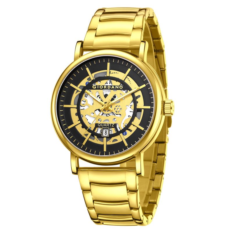 Image of Giordano Analog Quartz Watch for Men with Skeleton Round Dial, Date Function, Luminous Hands and Markers, Leather & Stainless Steel Strap - GZ-50182