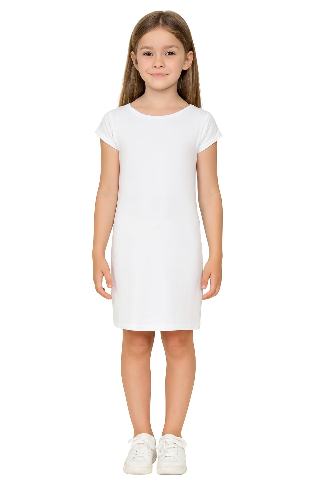 A2Z 4 Kids Girls Dresses Plain Short Sleeves Cap Slim Fit Stretch Bodycon Midi Maxi Comfortable Summer Party Fashion Dress Top Age 5-13 Years White