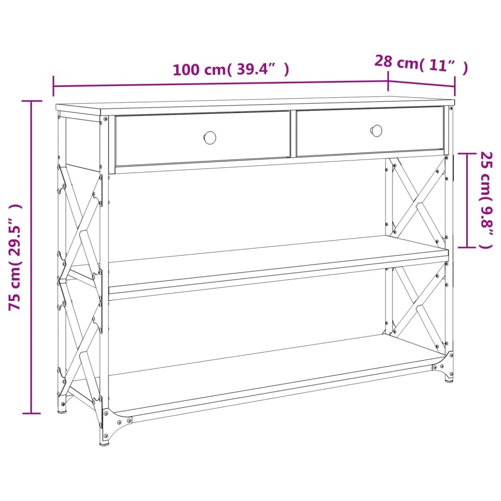 Stolik konsolowy dąb Sonoma 100 x 28 x 75 cm, materiał drewnopochodny z metalową ramą, regulowane nogi, stabilny stół do przedpokoju z miejscem do przechowywania do salonu, przedpokoju