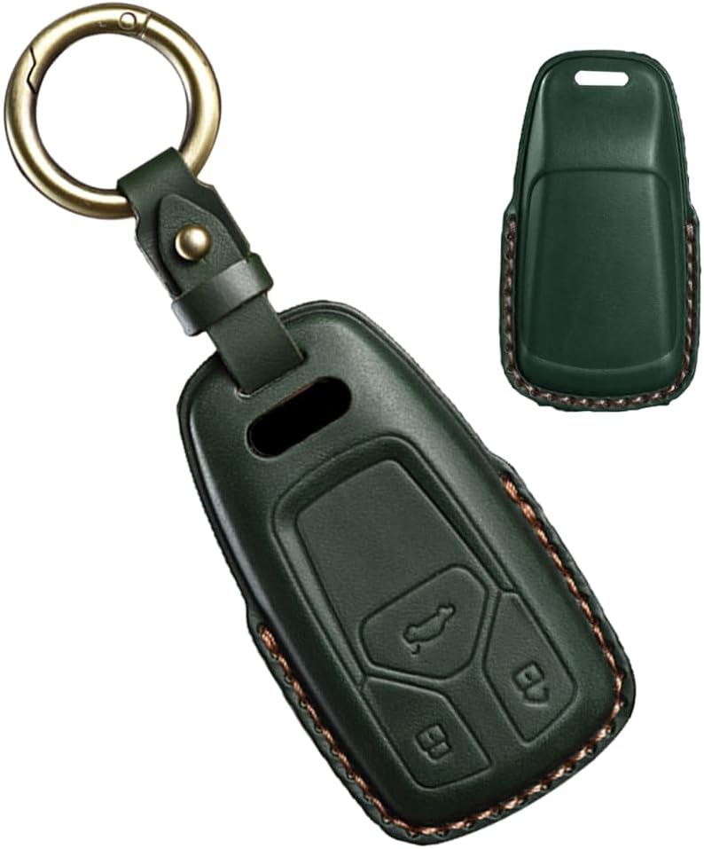HIBEYO Leather Key Fob Cover for Audi A4 S4 RS4 B9 A5 F5 S5 RS5 A6 A7 C8 A8 S8 D5 Q2 Q5 SQ5 FY Q7 SQ7 4M TT FV TTS TTRS R8 Accessories with Keychains 3 Button Car Key Case Cover Protector-Brown