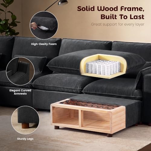 Image of WorthFurni Modern Modular Sectional Sofa,103 inch U Shape Minimalist Couch with Storage Ottoman,Comfty 4 Seat Sofa for Living Room,Black Chenille