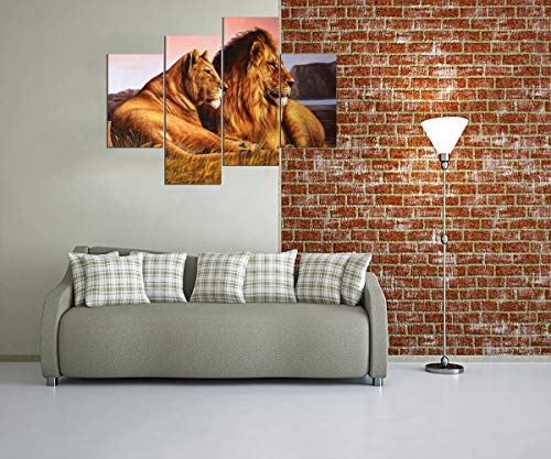 4 Panels Lion Pictures Wall Decor Lioness And Lion On The Prarie Picture Printed On Canvas Giclee Artwork Modern Lion Canvas Wall Art Stretched And Framed Ready To Hang For Home Decor - 48''W X 36''H #TOP4
