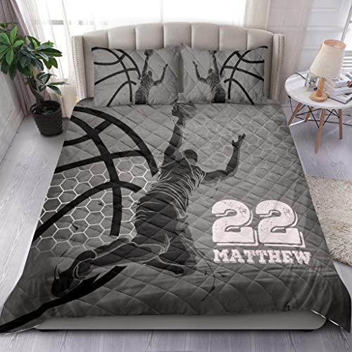 OhaPrints Custom Basketball Boy Grey Honeycomb Player Fan Gift Personalized Name Number Quilt Blanket & Pillowcases, Quilts Bedding Set & Pillow Cover, King Queen Double Twin Throw Full Size Bed Sets