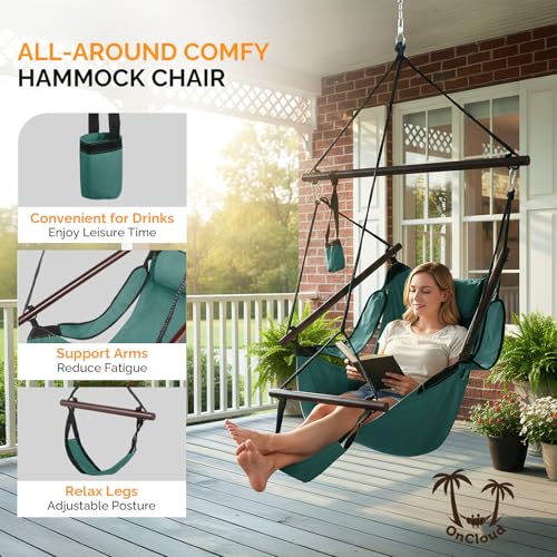 Image of ONCLOUD Upgraded Unique Hammock Sky Chair, Air Deluxe Hanging Swing Seat with Rope Through The Bars Safer Relax with Drink Holder & Fuller Pillow Beech Wood Indoor Outdoor Patio Yard 250LBS (Green)