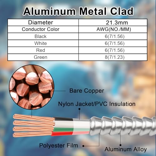 Image of 6 /3 Metal Clad (MC) Cable with Ground 75ft, 6 Gauge Electric Wire with Aluminum Armor, Solid Bare Copper Conductors for Indoor Outdoor Underground Embedded Installation (6 /3, 75 FT)