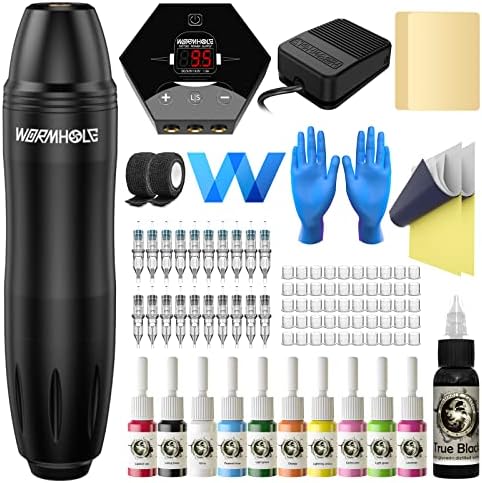 Wormhole Tattoo Kit Complete Tattoo Pen Kit Rotary Tattoo Machine Kit with 20pcs Tattoo Cartridge Needles, 10pcs Tattoo Inks Tattoo Gun Kit Beginner WTK060