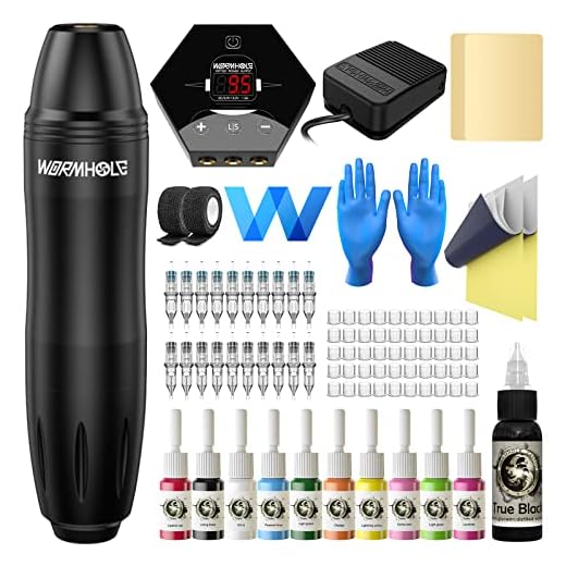 Wormhole Tattoo Kit Complete Tattoo Pen Kit Rotary Tattoo Machine Kit with 20pcs Tattoo Cartridge Needles, 10pcs Tattoo Inks Tattoo Gun Kit Beginner WTK060
