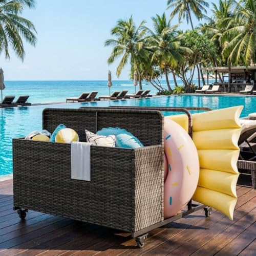 Pool Float Storage Organizer with Rolling Wheels Outdoor Wicker Rattan Pool Caddy & Toy Storage Basket All-Weather PE Rattan Holder for Pool Noodles Life Vests Beach Balls Equipment Patio Deck