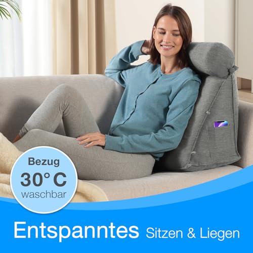 ELONEO Rückenkissen Bett/Sofa mit Abnehmbarer Nackenrolle und Seitentasche, Rückenstützkissen mit Nackenkissen, Bezug waschbar, Lesekissen, Bücherkissen, Rückenlehne