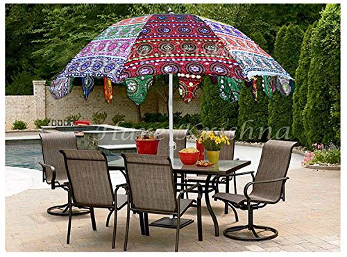 Indian Outdoor Patio Decorative Parasols Vintage Handmade Peacock Floral Embdriodery Mirrored Garden Umbrella, Beach Lawn Party Decorative Large Umbrella 72” Parasols (Multi Color) #TOP16