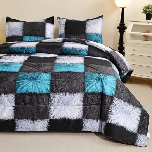 Image of Caressma Black and White Checkered Comforter Bedding Set Queen (90x90 Inch), 3 Pieces Queen Size Blue White Plaid Comforter Set, Fluffy Black Grid Home Decor for All Seasons