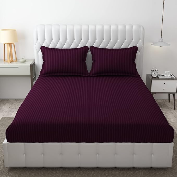 Image of DECOR2ADMIRE 300 TC Premium Glace Cotton All Round Elastic Fitted Plain Stripe Pastel Shades Queen Size Bedsheet with 2 Pillow Covers (Wine, Super King 108 inch x 108 inch)