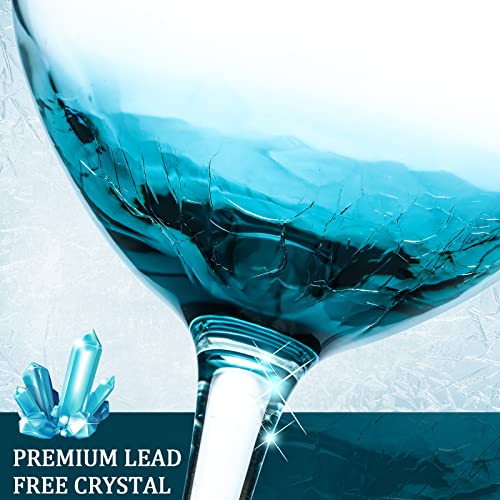 Set Of 4 Hand Blown Large Wine Glass For Red Or White Wine 22 Oz Ice Cracked Blue Wine Glasses Colored Wine Glasses With Stems Teal Blue Stemmed Glassware Red White Wine Goblet For Martini Champagne #TOP2