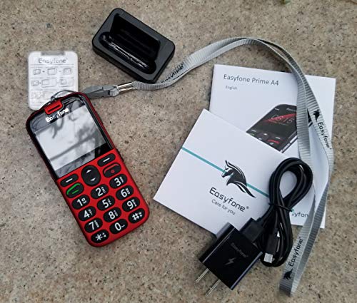 Easyfone Prime-A4 GPS Localisation Unlocked Smart Senior Cell Phone, Big Button Hearing Aids Compatible Easy-to-Use Mobile Phone with Charging Dock (Red)