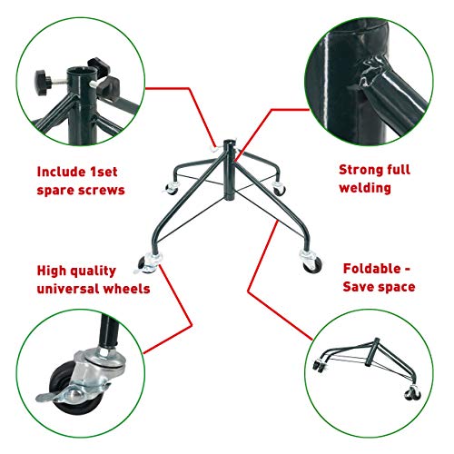 ELFJOY Christmas Tree Stand with Swivel Caster Wheels for 3-7ft. Artificial Tree Base 17inch, Iron Stand, 7/8inch Inner Diameter, Movable Base, Green - Thumbnail 4