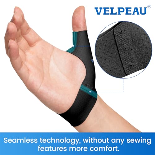 Image of Velpeau Elastic Thumb Support Brace Liner (Pack of 2), Splashproof Thumb Wrist Compression Sleeve for Arthritis Pain, Tendonitis, Sprains, Sports, Fits Left & Right Hands (Black, Short Version, M)