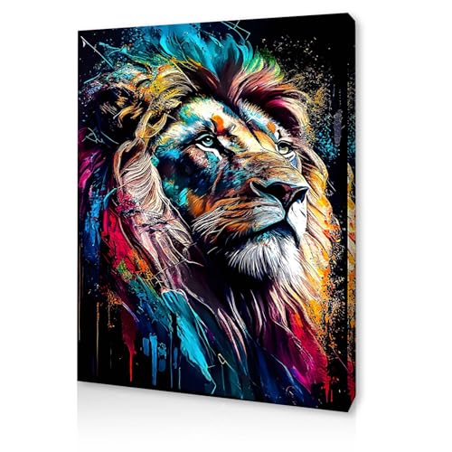 Qiukoo Wall Art – Colourful Abstract Lion Canvas Print for Bedroom, Living Room, Hallway or Stairs, Modern Wall Décor Poster with Pre-Mounted Frame and Hanging Hooks, 12" x 16"
