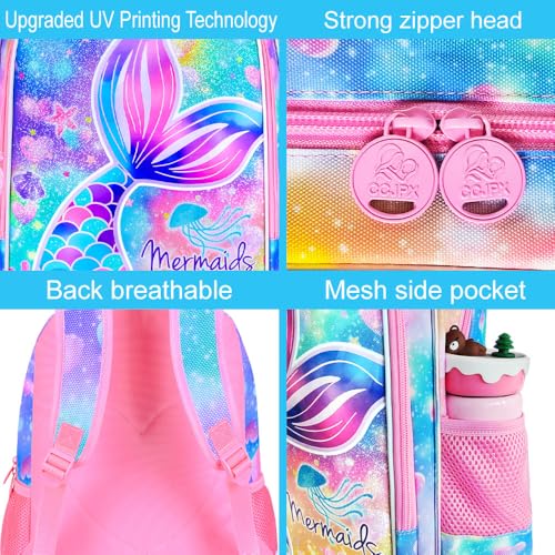 Image of CCJPX 3Pcs Mermaid Backpack for Girls, 16 inch Kids Fishtail Bookbag with Lunch Box, Cute Water Resistant Schoolbag for Preschool Kindergarten Toddler(Rainbow)
