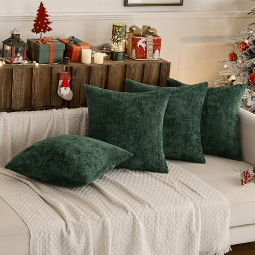 Image of MIULEE Decorative Chenille Pillow Covers Christmas Green 18x18 Pack of 4