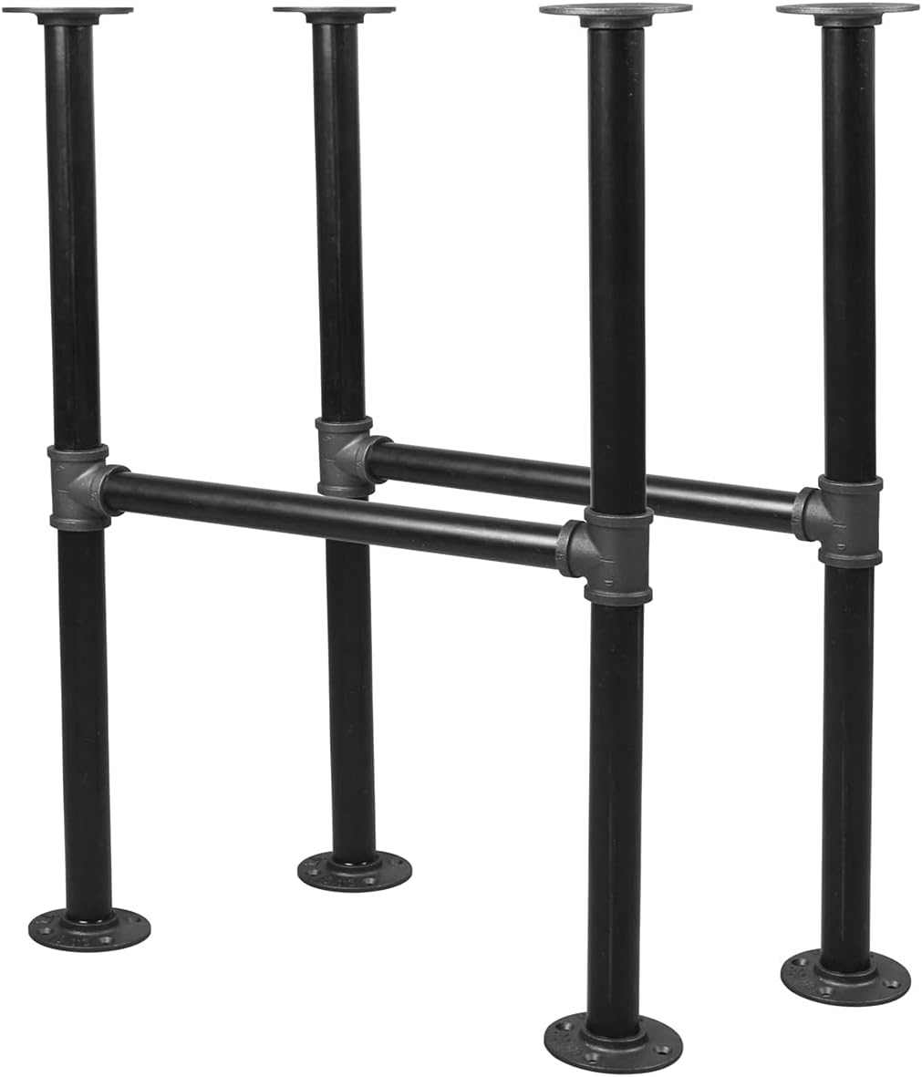 28'' x 14'' H-Shape Industrial Pipe Table Leg Set - Iron Base LegsCoffee & End Tables, Desks, Nightstand - Vintage, Mid-Century Modern Aesthetic - Dark Grey Black Rough Pipes