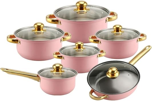 Kitchware Pots Set 12 Piece Colorful Non Stick Gold Plated Handle Cookware Set Pots Stainless Steel Soup Pot,Pink,12 pc