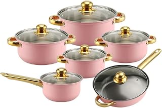 HJZSZX Juego de ollas de cocina de 12 piezas, coloridas, antiadherentes, con mango chapado en oro, ollas de acero inoxidable, olla para sopa, rosa, 12 piezas