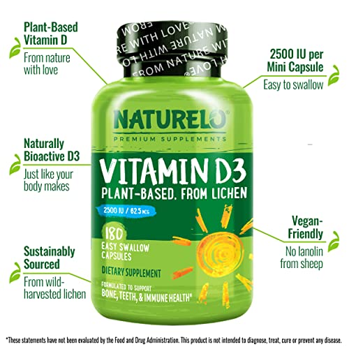 Naturelo Vitamin D - 2500 Iu - Plant Based From Lichen - Natural D3 Supplement For Immune System, Bone Support, Joint Health - Vegan - Non-Gmo - Gluten Free - 180 Mini Capsules #TOP3