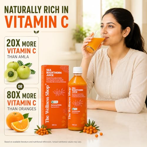 Image of The Wellness Shop Himalayan Sea Buckthorn Juice 500ml | Cold Pressed Seabuckthorn Berry Pulp Concentrate with Natural Vitamin C Omega 3 6 7 9, Antioxidants | Supports Immunity Skin Glow Gut Health