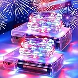 4Th Of July Patriotic Decorations, Red White Blue Fairy String Lights, Battery Operated With Timer, 2 Pack Total 33Ft 100 Led Mini Battery Powered Mason Jar Firefly Lights Diy Party Memorial Day