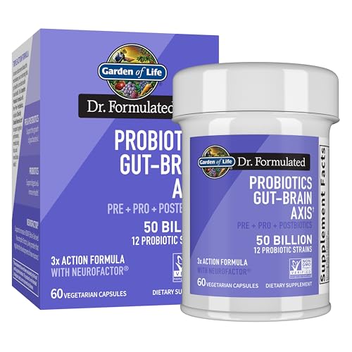 Garden of Life Dr. Formulated Gut Brain Axis Microbiome Probiotics with Pre, Pro & Postbiotics – Brain Health, Digestive Health, Non-GMO, Gluten-Free, 60 Vegetarian Capsules